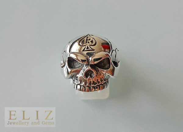925 Serling Silver Lucky Number 13 Ace Of Spades half Jaw Skull Ring goth punk biker 10.3/4' 11.5'