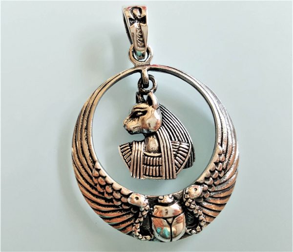 BASTET Goddess of Egypt 925 Sterling Silver Pendant Cat Scarab Snake Egyptian Ankh Sacred Symbol Talisman Amulet Handmade