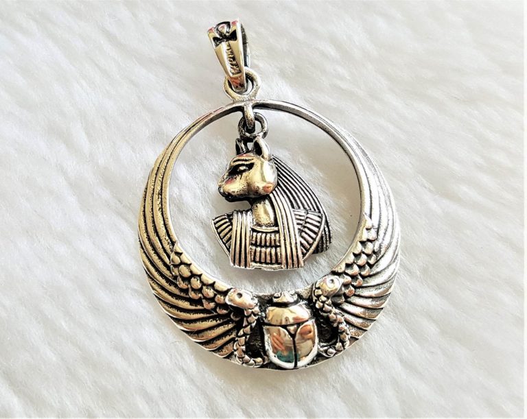 BASTET Goddess of Egypt 925 Sterling Silver Pendant Cat Scarab Snake