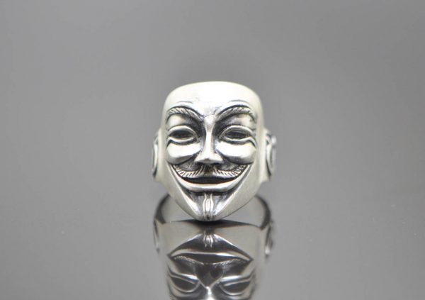 Guy Fawkes Mask Ring 925 Sterling Silver V for Vendetta Anonymous Mask Exclusive design