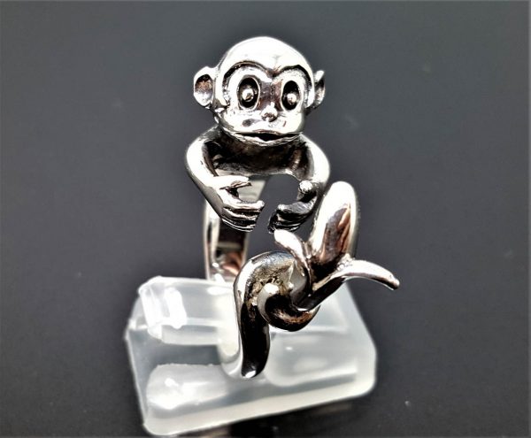 STERLING SILVER 925 Monkey Ring Monkey with Banana Exclusive Design Heavy 18 grams