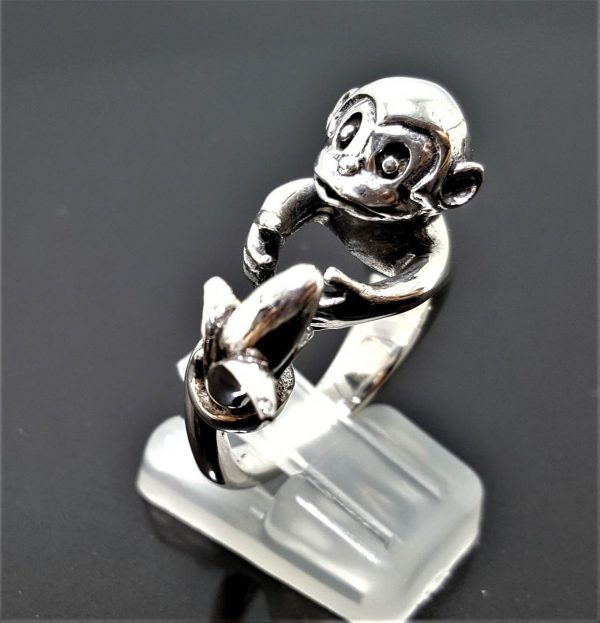 STERLING SILVER 925 Monkey Ring Monkey with Banana Exclusive Design Heavy 18 grams