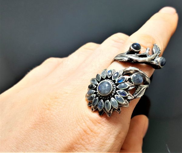 925 Sterling Silver Labradorite Ring Sun flower Genuine Gemstone Unique Sunflower Gift Adjustable Ring