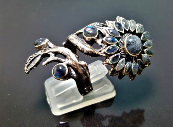 925 Sterling Silver Labradorite Ring Sun flower Genuine Gemstone Unique Sunflower Gift Adjustable Ring