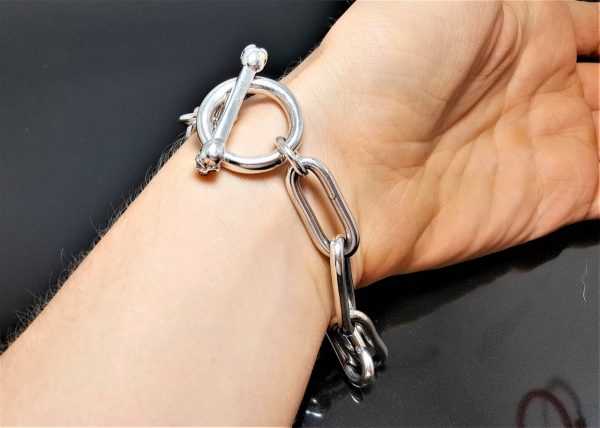 925 Sterling Silver Chain Link T Clasp Skull Bracelet Punk Goth Rock Biker 9 Inches Heavy 53 Grams