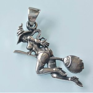Sterling Silver 925 Witch on a Broomstick Magic Sexy Wicth Broom Pin Up Pendant