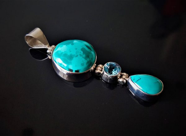 Eliz STERLING SILVER 925 Genuine Turquoise & Blue Topaz Handmade Exclusive Gift Talisman Amulet Authentic Gemstones