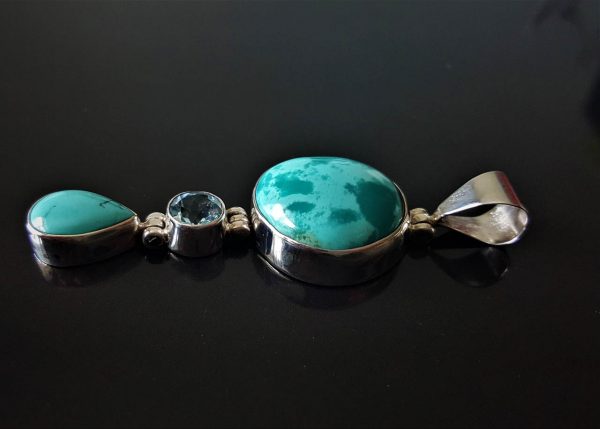 Eliz STERLING SILVER 925 Genuine Turquoise & Blue Topaz Handmade Exclusive Gift Talisman Amulet Authentic Gemstones