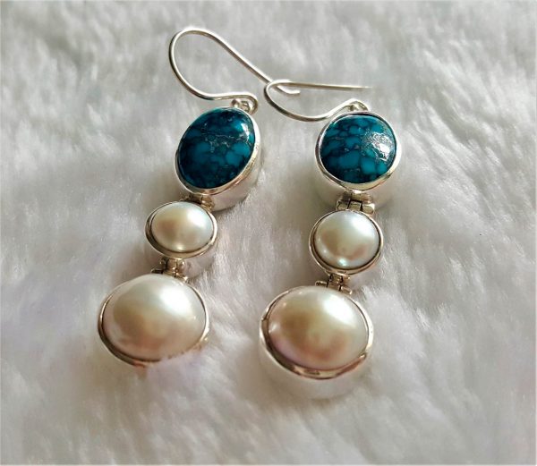Eliz STERLING SILVER 925 Natural Mobe PEARL & Turquoise Long Earrings Beauty Handmade Genuine Gemstones