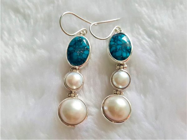Eliz STERLING SILVER 925 Natural Mobe PEARL & Turquoise Long Earrings Beauty Handmade Genuine Gemstones