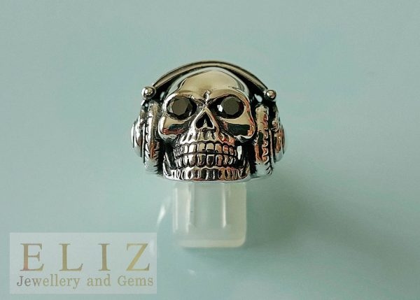 DJ Skull 925 Sterling Silver Ring Iced Eyes Punk Goth Biker Rocker Black Diamond Cut Cubic Zirconia Ring Heavy 27 grams