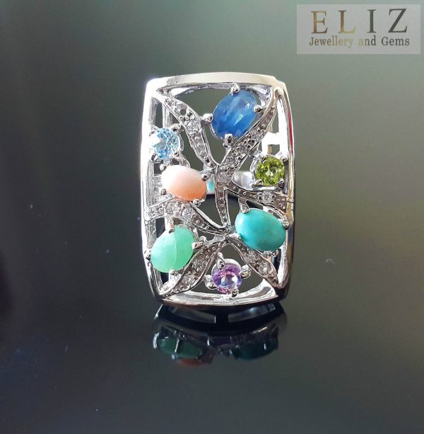 Exclusive Design Sterling Silver Ring Genuine Precious Sapphire Emerald Peridot Turquoise Blue Topaz Amethyst SZ 8