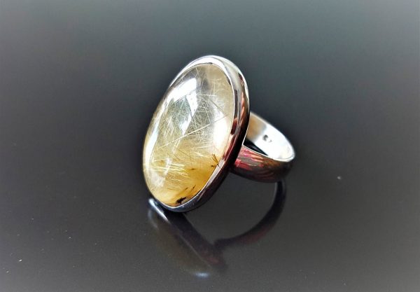 Eliz Sterling Silver 925 Ring Natural Golden Rutile Quartz "Venus Hair" Crystal of Wealth SZ 7.5