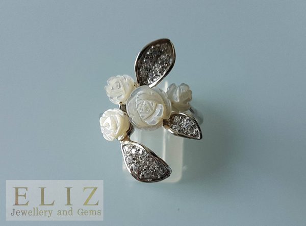 Sterling Silver RING Natural Carved Mother of Pearl Roses & CZ Custom Made Bouquet Exclusive Gift SIZE 8,9,10