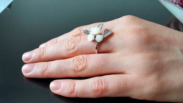 Sterling Silver RING Natural Carved Mother of Pearl Roses & CZ Custom Made Bouquet Exclusive Gift SIZE 8,9,10