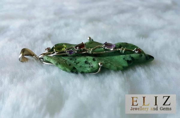 Eliz 925 Sterling Silver Quartz Leaf Pendant with Precious Pridot, Garnet, Amethyst 22 grams
