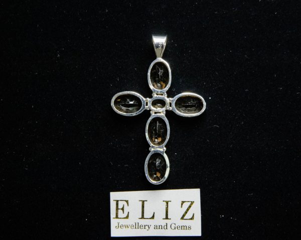 Sterling Silver Pendant Cross Natural Smoky Quartz Gemstone Exclusive GIFT