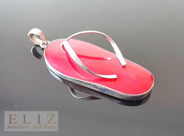 Eliz Sterling Silver 925 Natural Red Coral FLIP FLOP Beach Pendant Custom Made holiday Gift