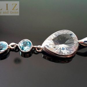 Natural White Quartz Crystal Faceted Concave & Genuine BLUE TOPAZ Sterling Silver Pendant