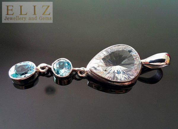 Natural White Quartz Crystal Faceted Concave & Genuine BLUE TOPAZ Sterling Silver Pendant