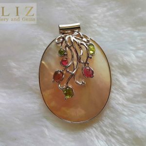 Eliz STERLING SILVER 925 Genuine Precious Tourmaline Multi Color Mother of Pearl PENDANT Exclusive Gift Natural Gemstone