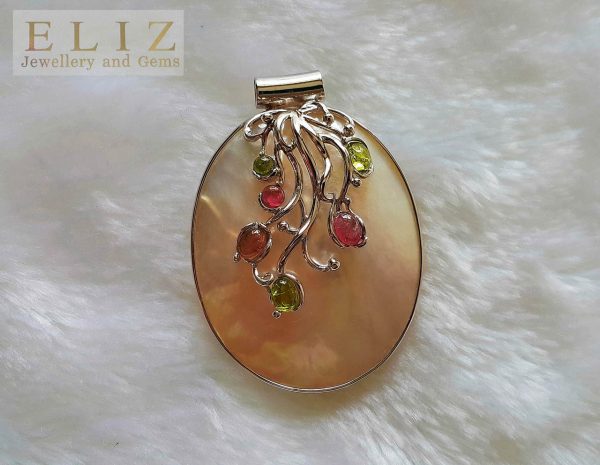 Eliz STERLING SILVER 925 Genuine Precious Tourmaline Multi Color Mother of Pearl PENDANT Exclusive Gift Natural Gemstone