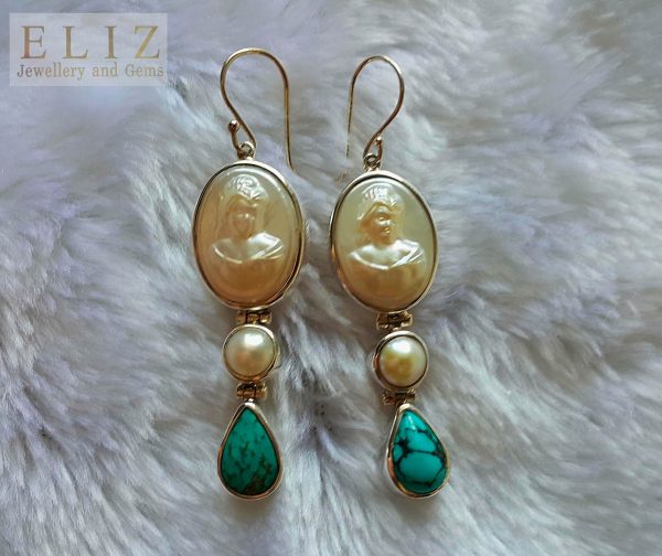 Eliz STERLING SILVER 925 Cameo Mother of Pearl Natural Turquoise Long Earrings Beauty Handmade
