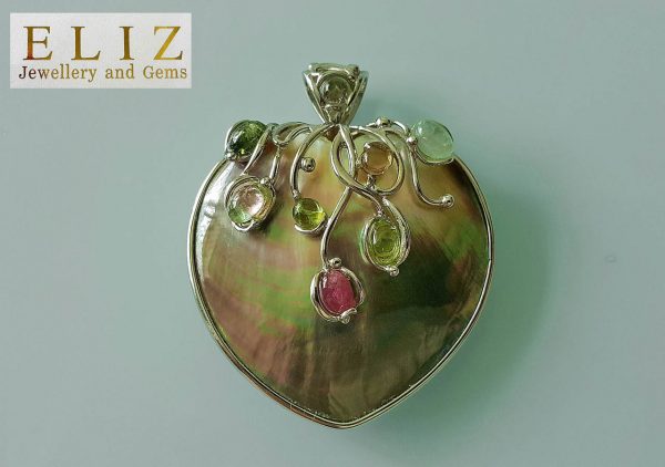 Eliz Genuine Precious Tourmaline Multi Color STERLING SILVER 925 Mother of Pearl Heart Shape PENDANT Natural Gemstones Exclusive Gift