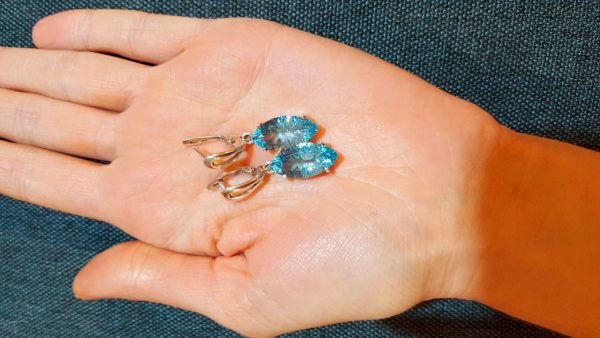 Eliz Sterling Silver 925 Earrings Blue Topaz Genuine Precious Gemstone Sparkling Concave Cut  Marquise Shape Exclusive Gift