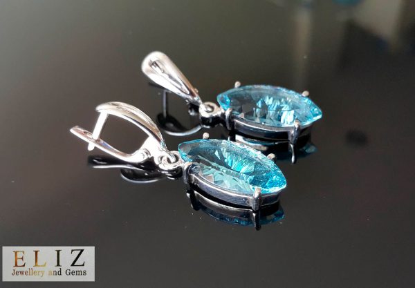 Eliz Sterling Silver 925 Earrings Blue Topaz Genuine Precious Gemstone Sparkling Concave Cut  Marquise Shape Exclusive Gift