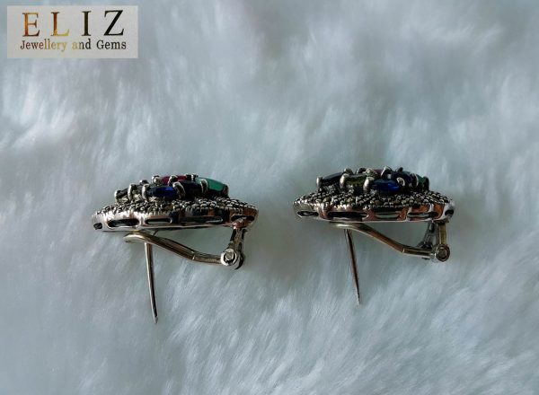 Eliz Sterling Silver 925 Precious Gemstones MultiStones Earrings & Marcasite Ruby Citrine Emerald Garnet Blue Topaz