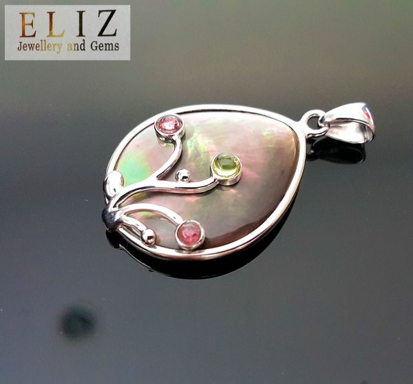 Eliz Sterling Silver 925 Genuine Tourmaline Mother of Pearl shell Pendant Natural Gemstones