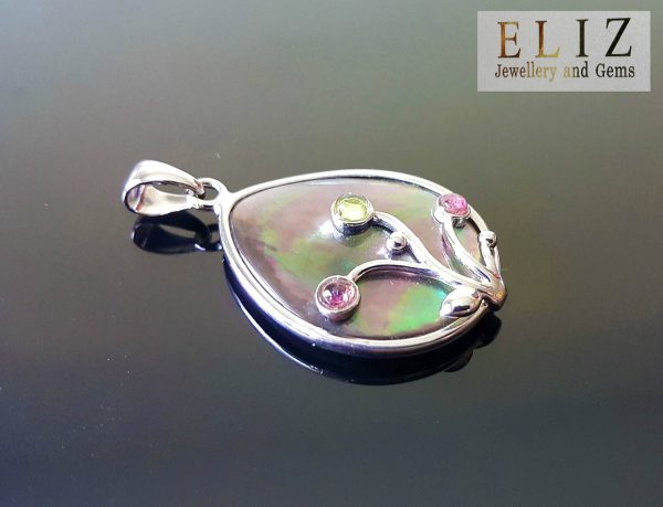 Eliz Sterling Silver 925 Genuine Tourmaline Mother of Pearl shell Pendant Natural Gemstones