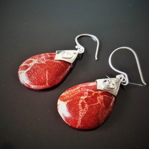 Eliz Sterling Silver 925 Natural Red Coral Long Earrings Pear Shape Custom Made Gift