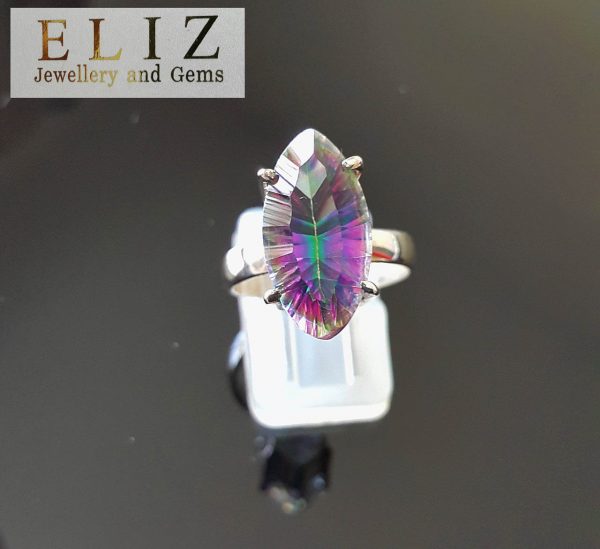 Eliz Sterling Silver 925 Mystic Quartz Ring Marquise Shape Natural Gemstone Rainbow Concave Faceted