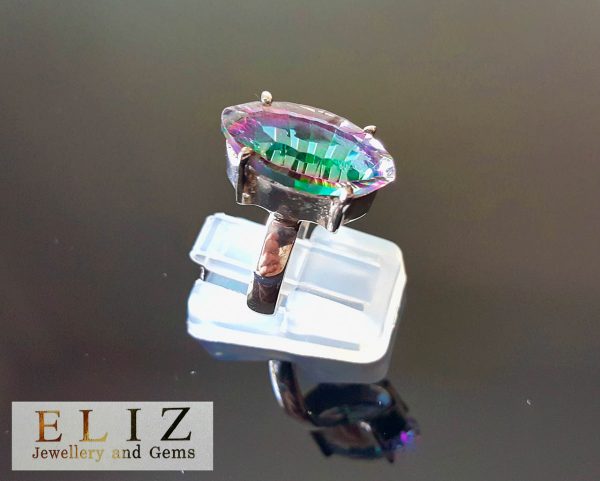 Eliz Sterling Silver 925 Mystic Quartz Ring Marquise Shape Natural Gemstone Rainbow Concave Faceted