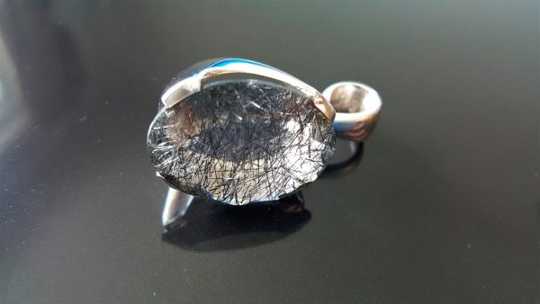 Eliz STERLING SILVER 925 Huge Pendant Genuine Black Rutile Quartz Gemstone Cut Faceted Exclusive gift One of a kind