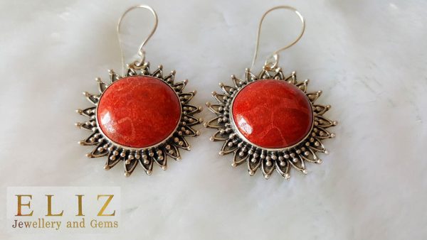 Sterling Silver 925 Earrings Natural Red Coral SUN/Sunflower Stylish Custom Made Exclusive Gift