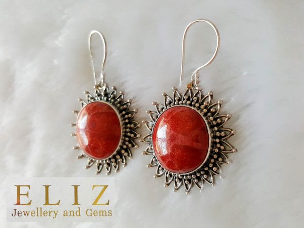 Sterling Silver 925 Earrings Natural Red Coral SUN/Sunflower Stylish Custom Made Exclusive Gift