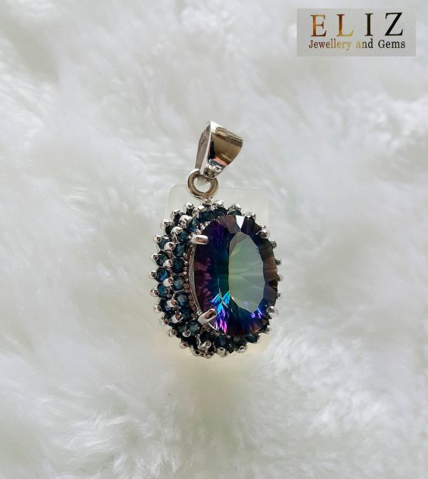 Eliz Sterling Silver 925 Pendant Natural Mystic Quartz with Genuine Sapphire Gemtone Talisman Amulet UNIQUE Design