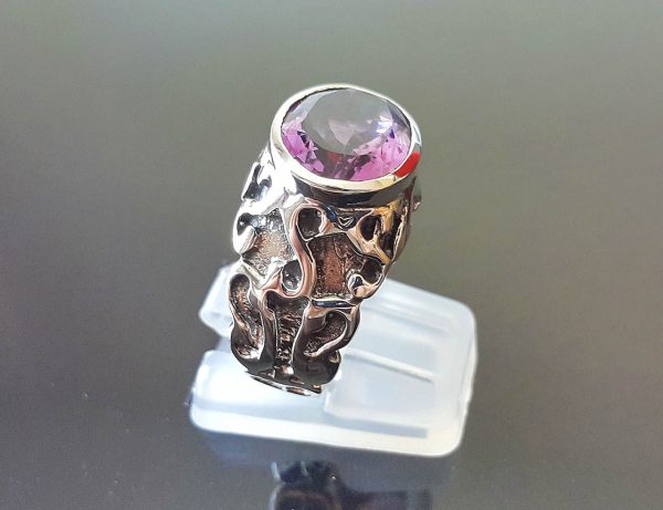 Eliz Genuine African AMETHYST Sterling Silver 925 Ring Natural Gemstones Handmade Exclusive Design Heavy ring SIZE 6.5, 8