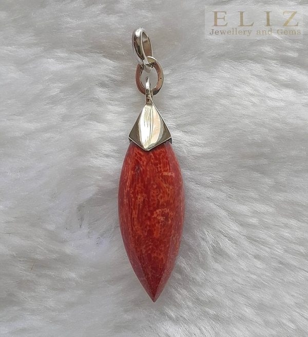 Eliz Sterling Silver 925 Natural Red Coral Marquise Shape Pendant Custom Made Gift Talisman Amulet