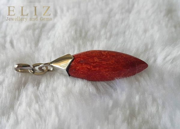 Eliz Sterling Silver 925 Natural Red Coral Marquise Shape Pendant Custom Made Gift Talisman Amulet
