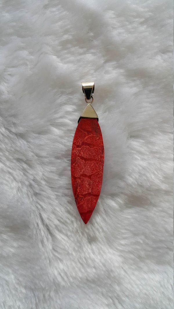 Eliz Sterling Silver 925 Natural Red Coral Pendant Custom Made Gift Long Marquise Talisman Amulet