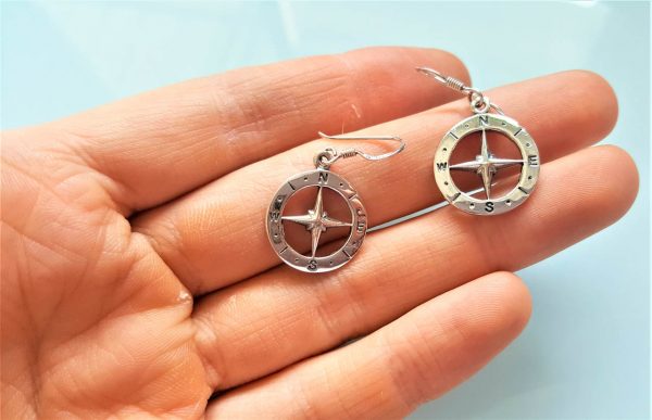Eliz 925 Sterling Silver Compass Dual Sided Earrings Nautical Sun Dial Compass Talisman Amulet Good Luck