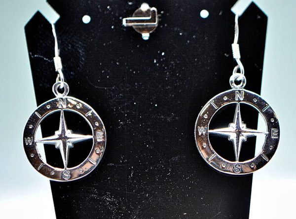 Eliz 925 Sterling Silver Compass Dual Sided Earrings Nautical Sun Dial Compass Talisman Amulet Good Luck