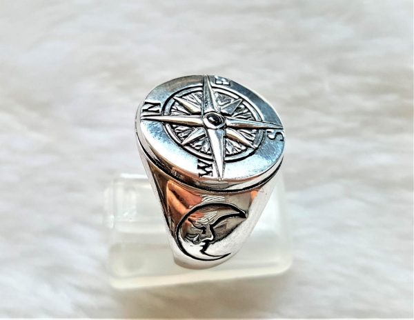 Eliz 925 Sterling Silver Nautical Sun Dial Compass Crescent Moon Talisman Amulet Good Luck Ring Cubic Zirconia White or Black