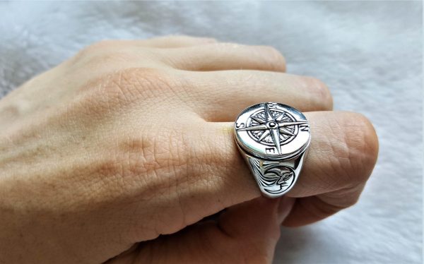 Eliz 925 Sterling Silver Nautical Sun Dial Compass Crescent Moon Talisman Amulet Good Luck Ring Cubic Zirconia White or Black