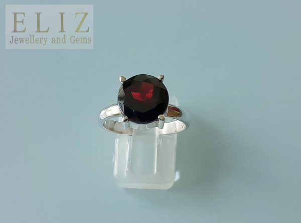 Eliz Sterling Silver Ring HUGE Genuine GARNET Gemstone Round Exclusive Gift Size 6.5, 7.5, 8.5, 9