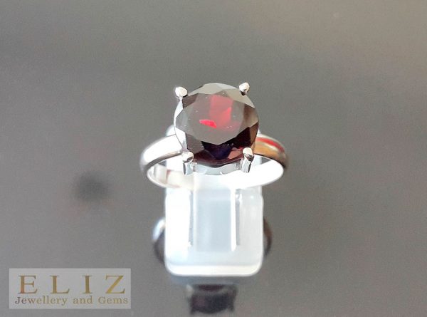 Eliz Sterling Silver Ring HUGE Genuine GARNET Gemstone Round Exclusive Gift Size 6.5, 7.5, 8.5, 9